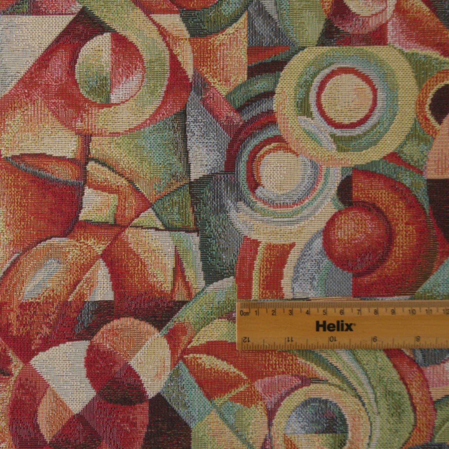 Multicolour cubism design tapestry fabric with a rule for scale