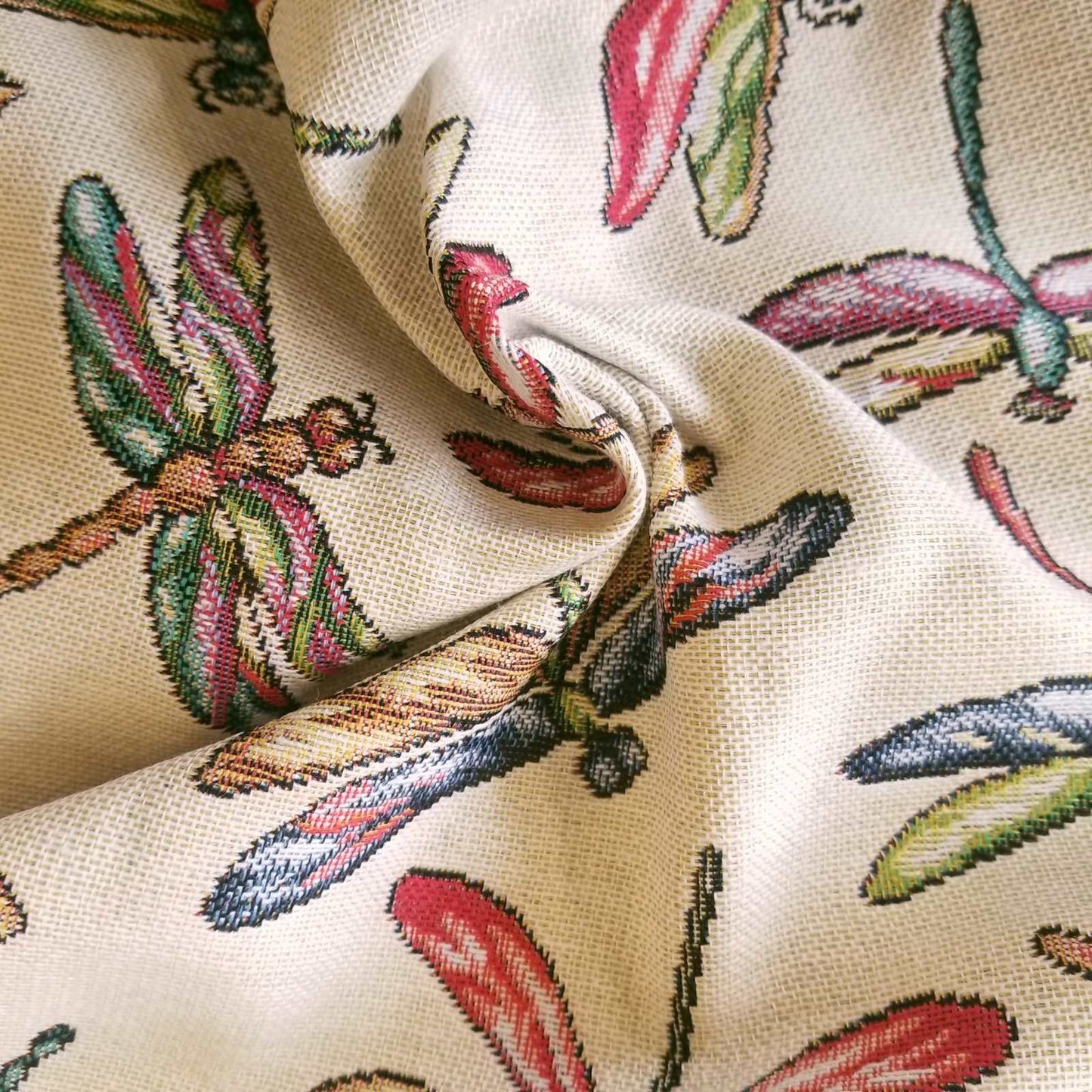 Tapestry fabric with multicolour dragonflies for curtains or upholstery