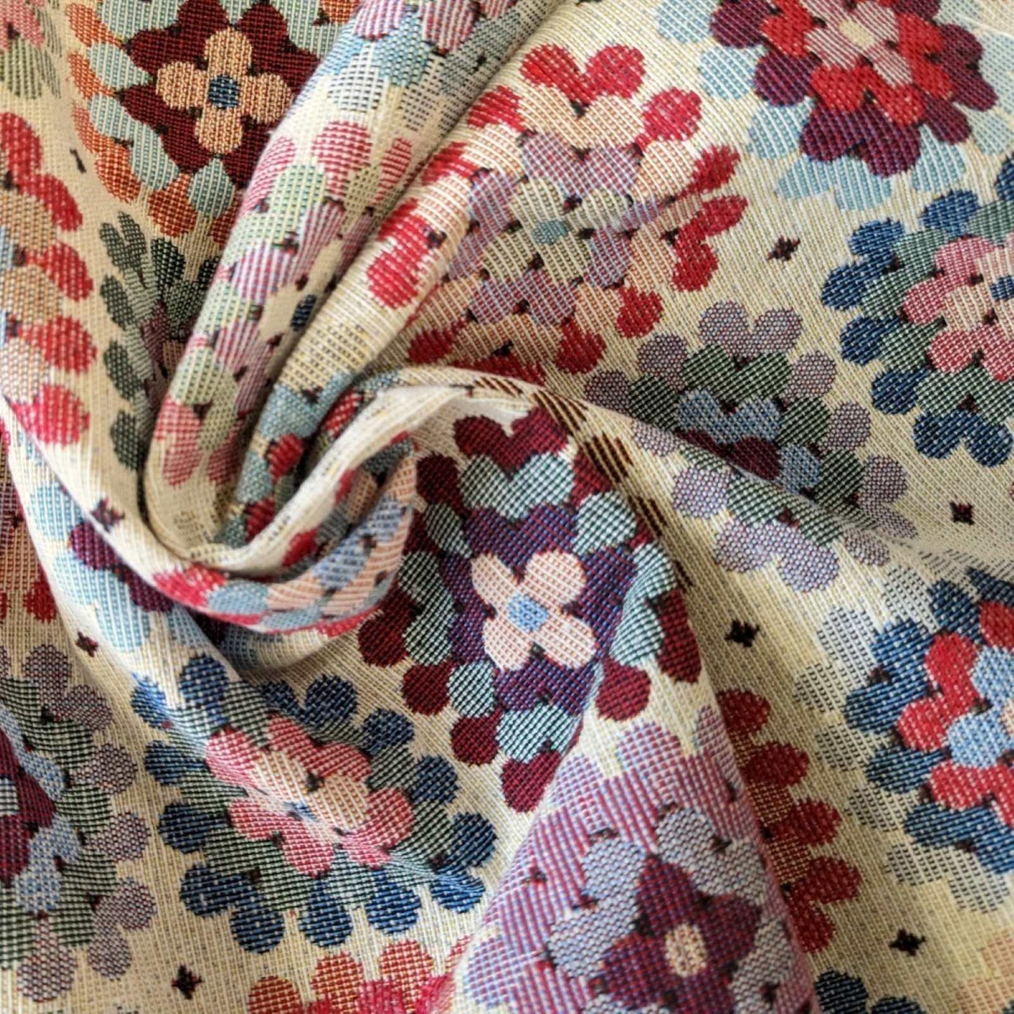 Colourful tapestry fabric with a granny squares design for curtains or upholstery