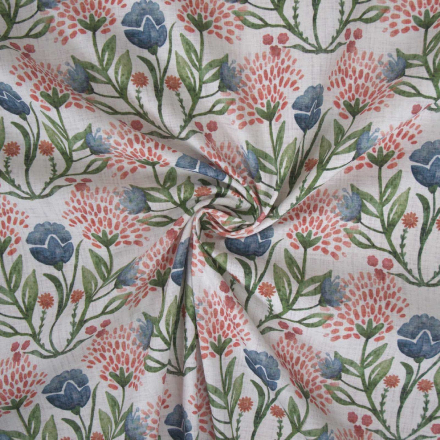 Curtain fabric with a print floral design in red, blue and green
