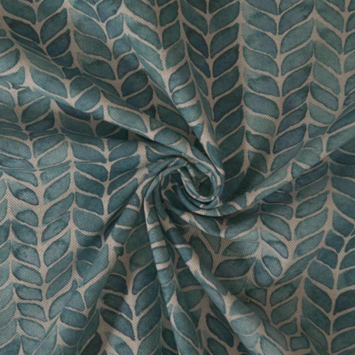Curtain fabric with teal leaf print in stripes