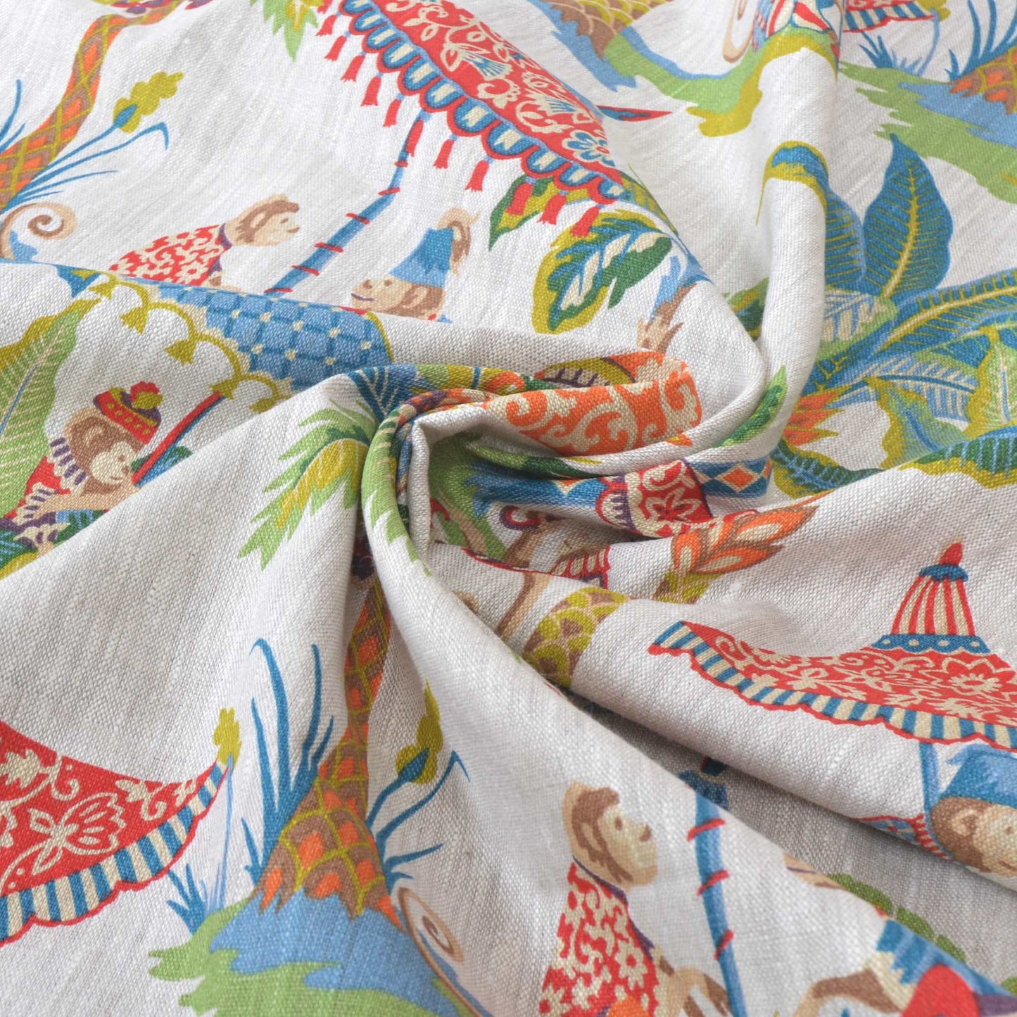 Fabric with colourful design of monkeys with parasols for curtains