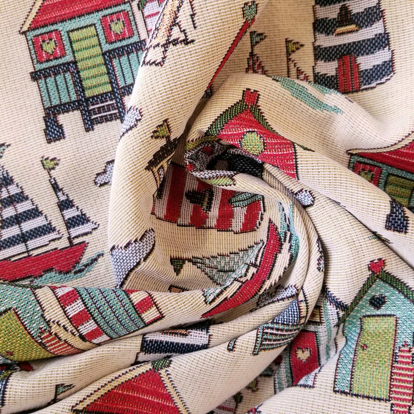 Beach huts nautical design tapestry fabric for curtains and upholstery