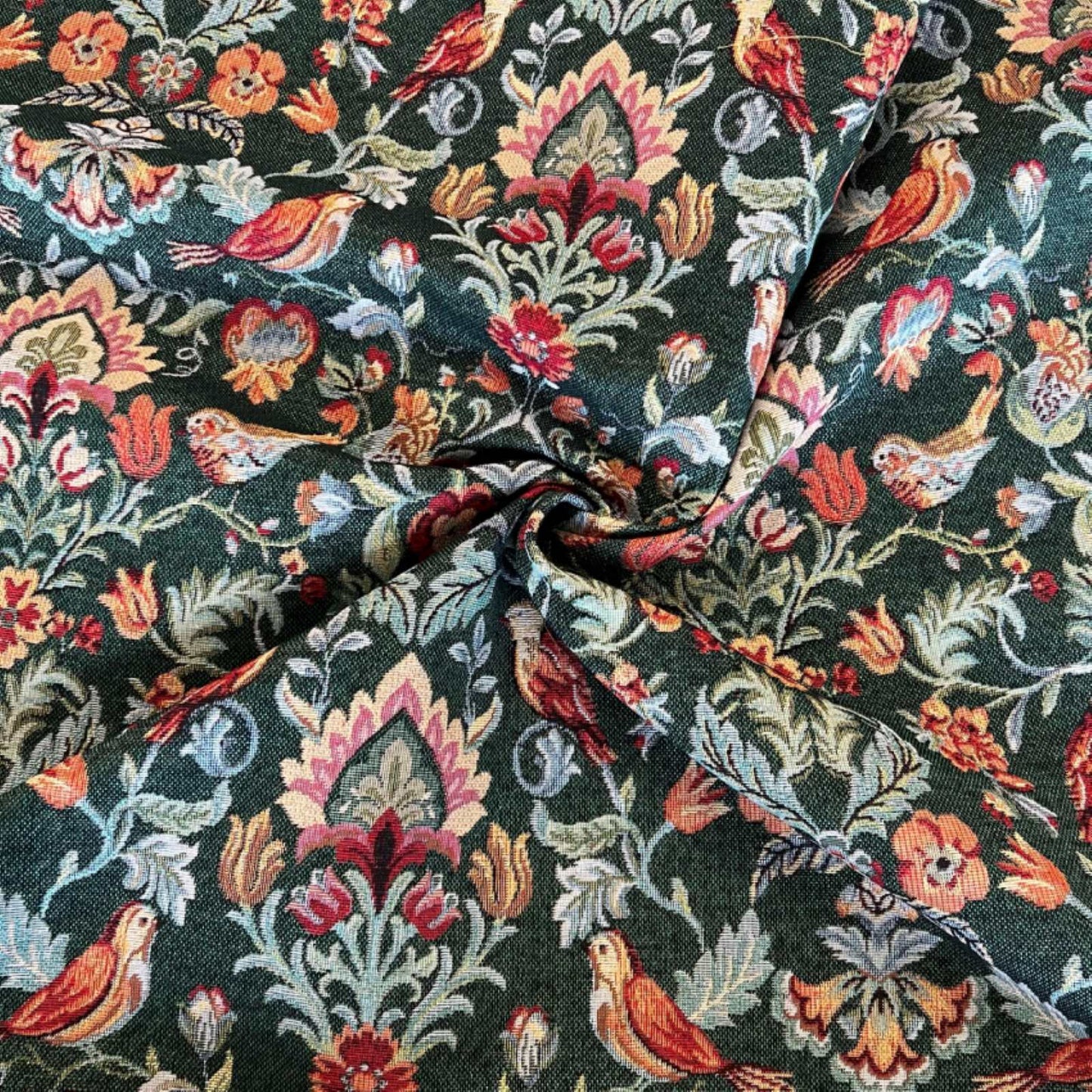 Birds and floral design on dark green tapestry fabric for curtains and upholstery