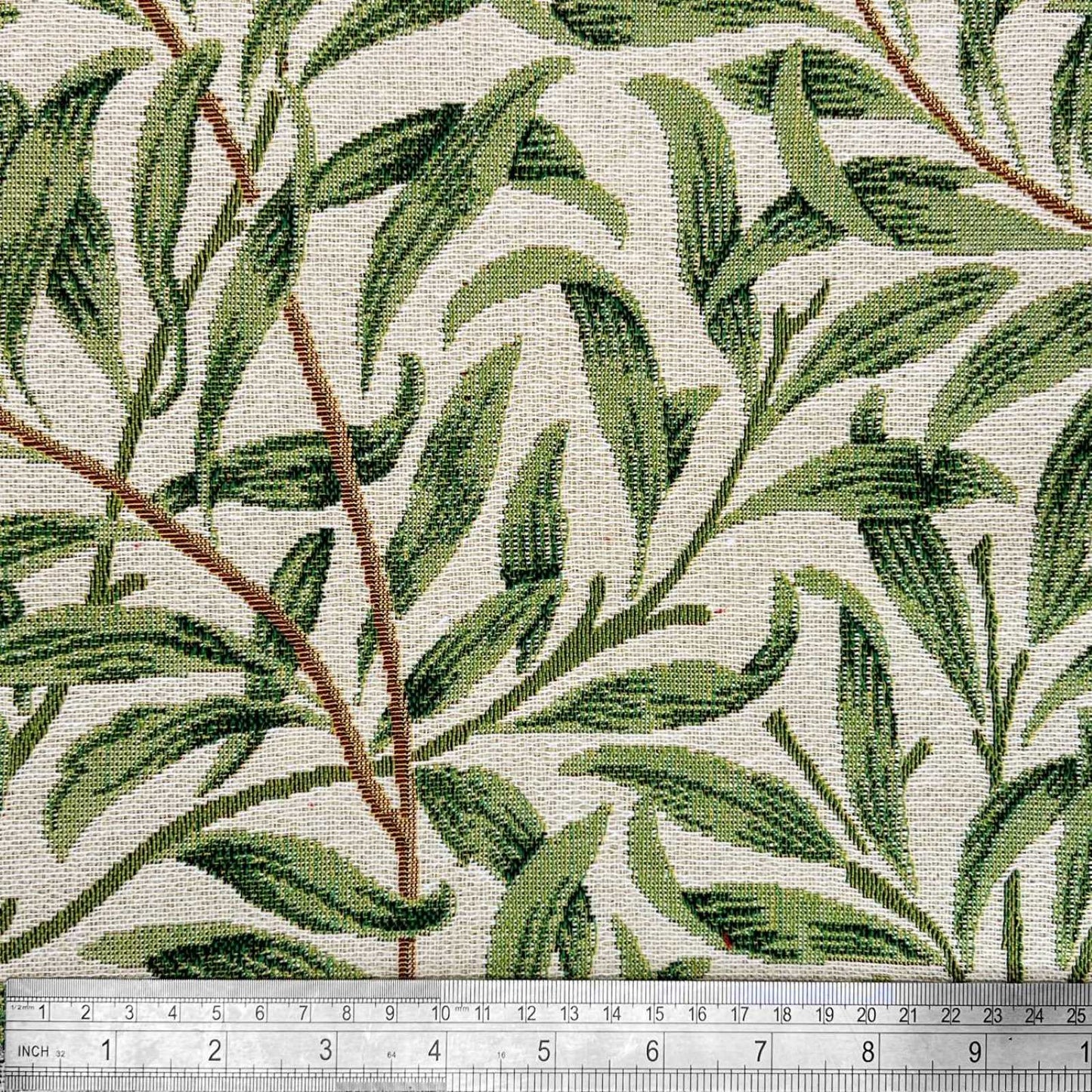 Tapestry fabric with a rule showing scale of Willow Bough leaf design