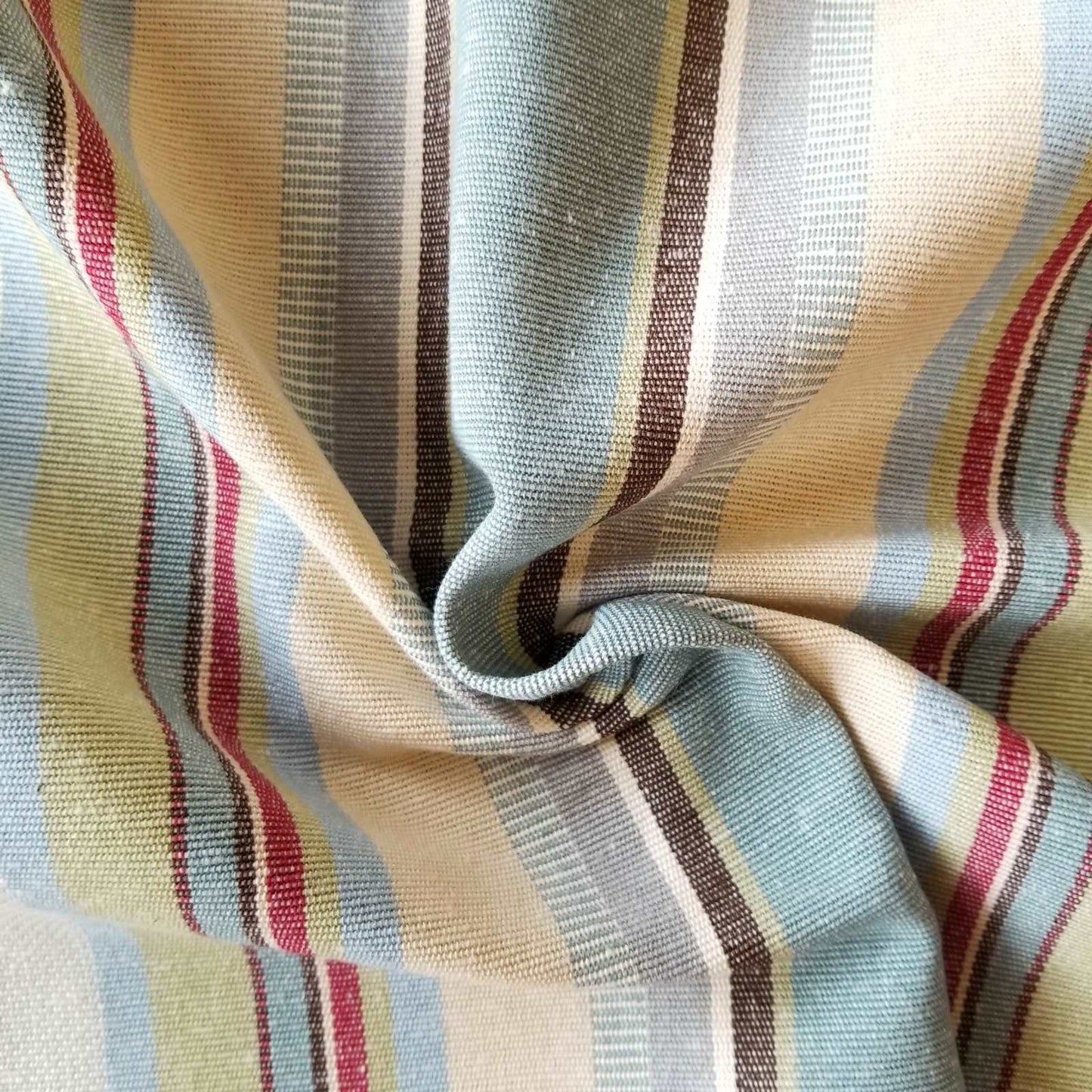 Heavy cotton fabric with blue, green and cream stripe design for curtains or upholstery