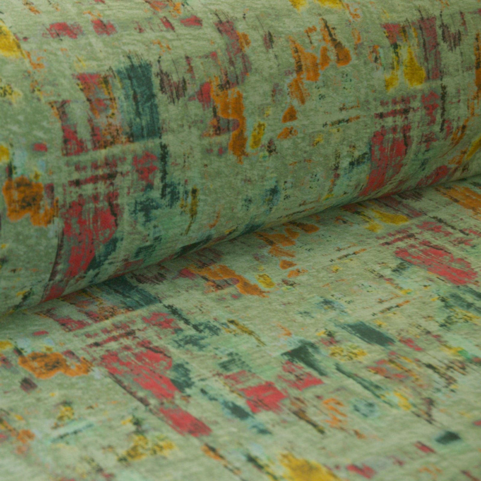 Soft blue velvet fabric with a multicolour brushstroke design