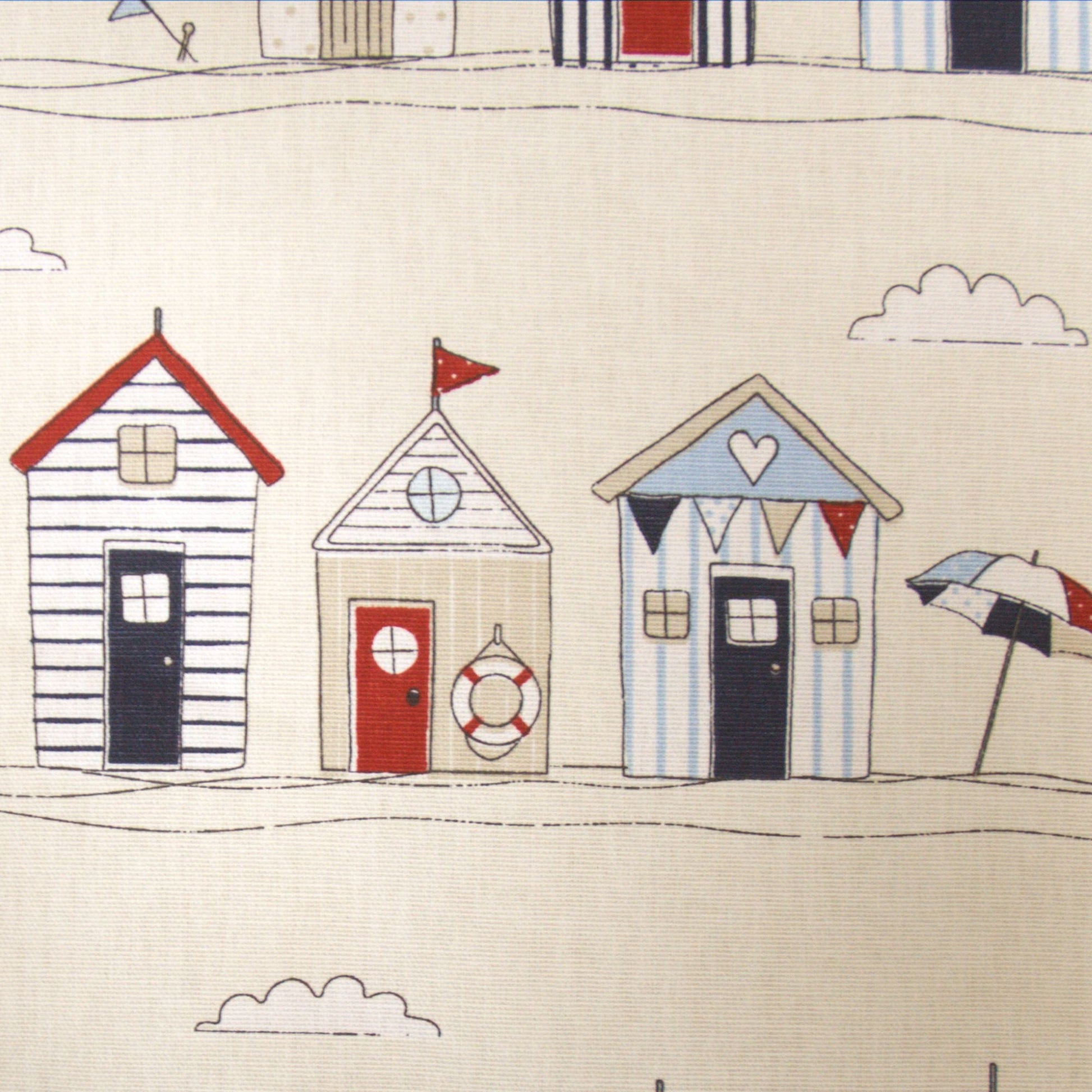 Detail of beach huts design on cotton curtain fabric