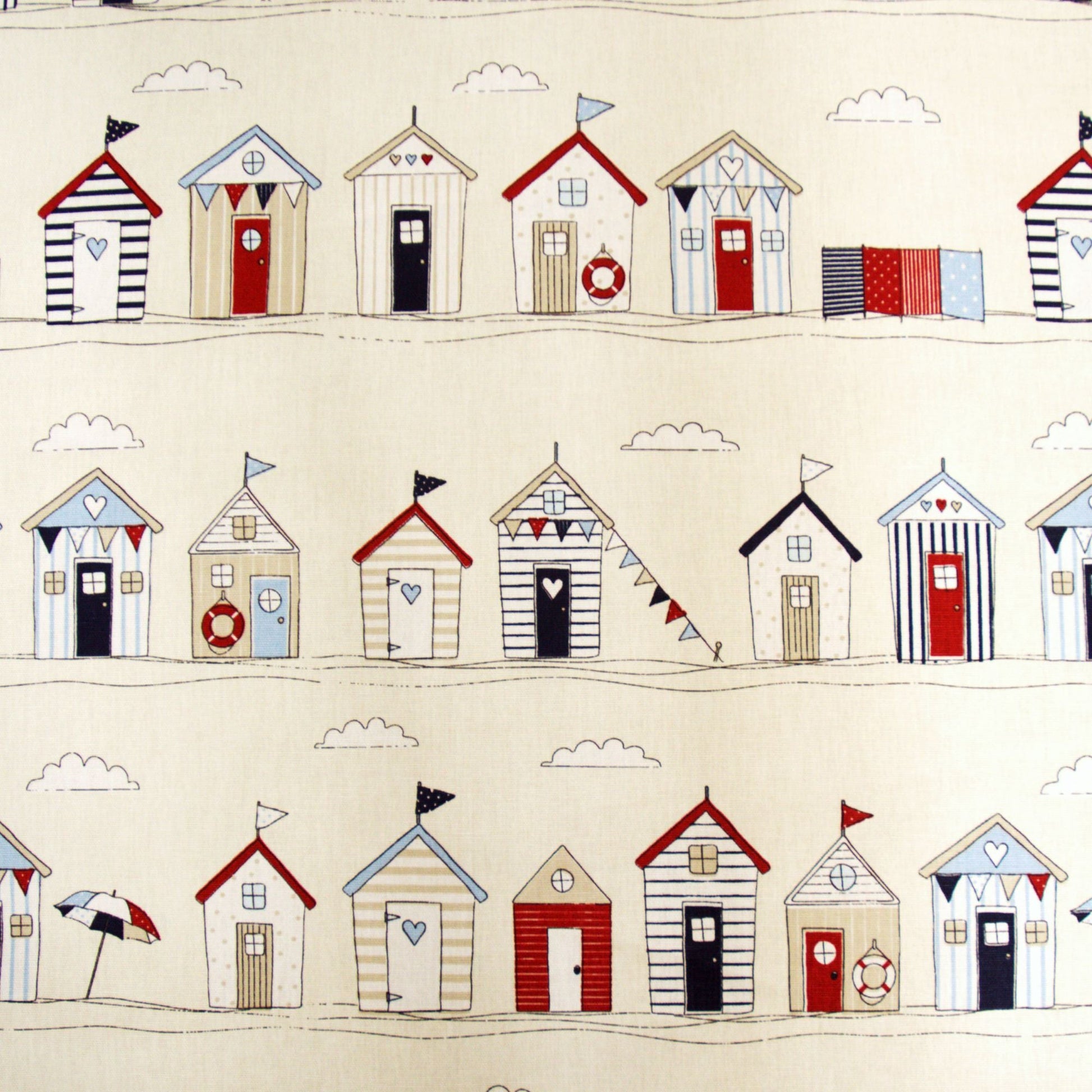 Cotton fabric with a design showing rows of beach huts