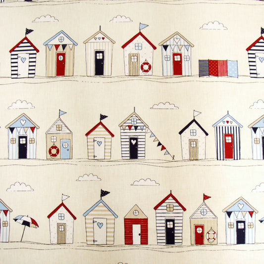 Cotton fabric with a design showing rows of beach huts