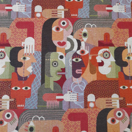 Tapestry fabric with stylised faces in a cubism type design