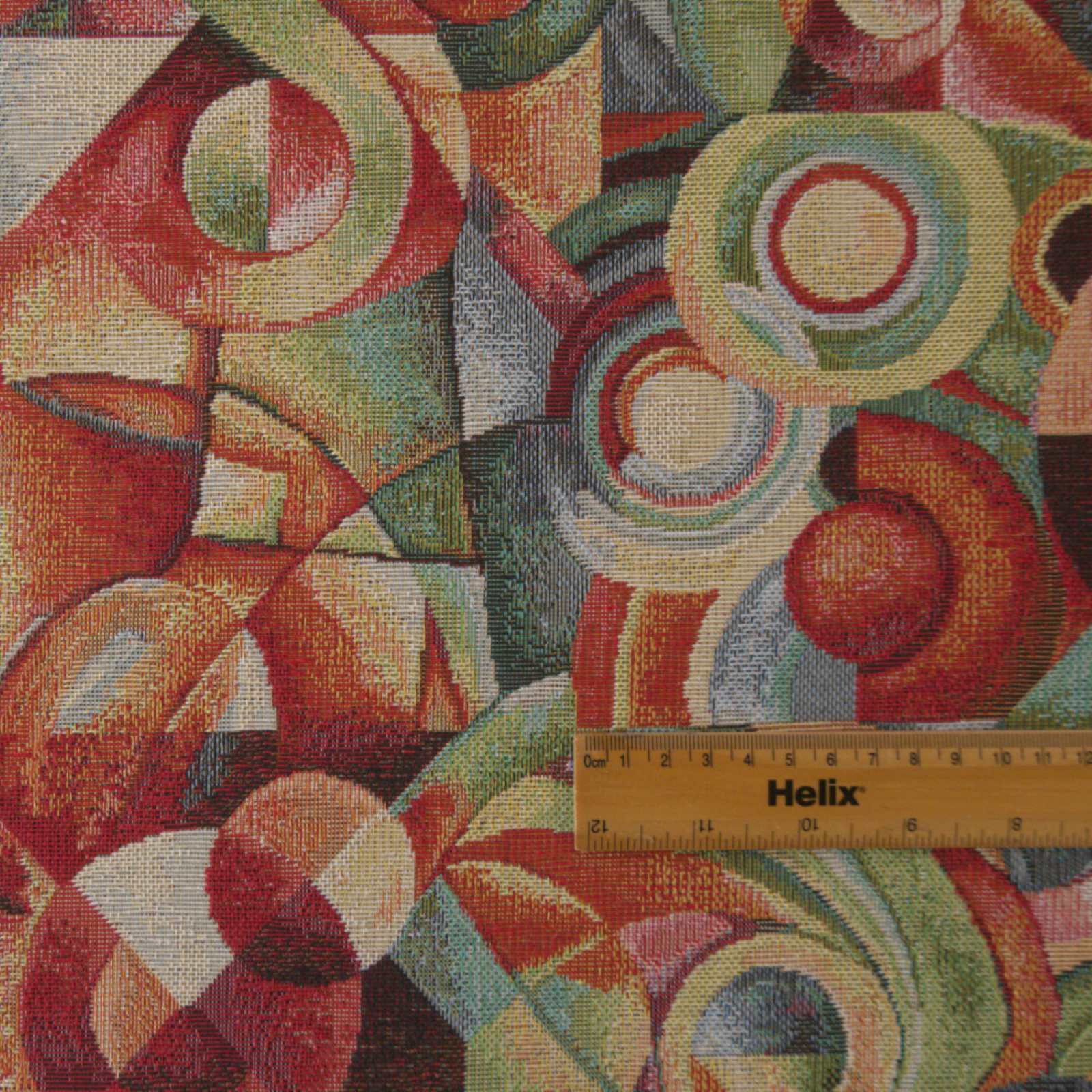 Multicolour cubism design tapestry fabric with a rule for scale