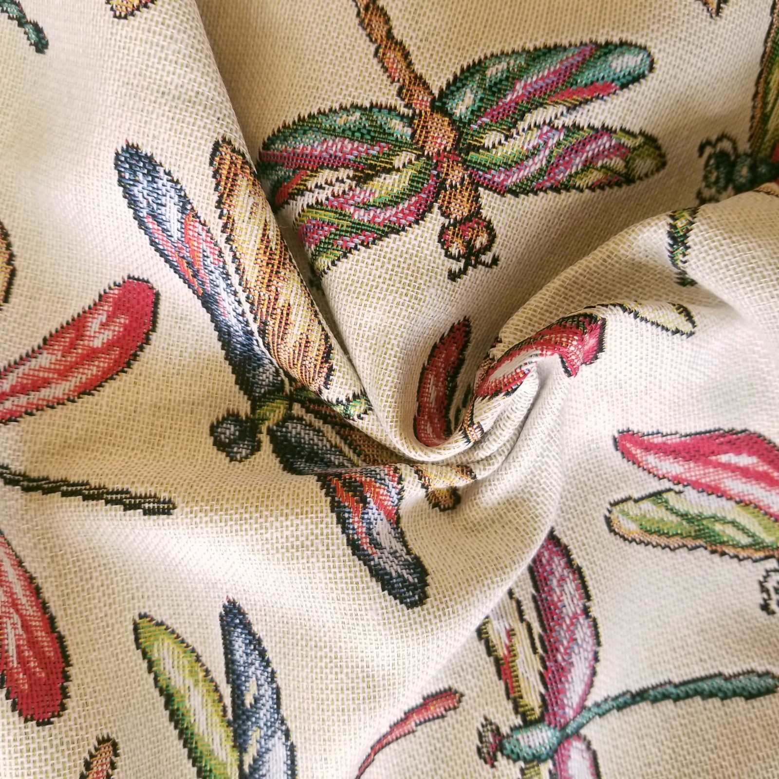 Tapestry fabric with multicolour dragonflies for curtains or upholstery