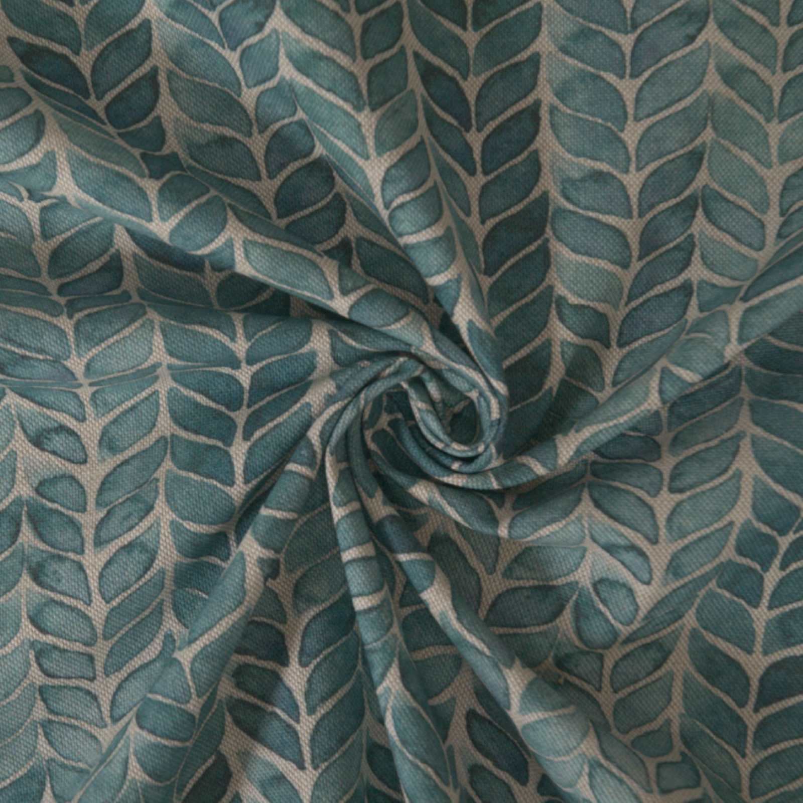 Curtain fabric with teal leaf print in stripes