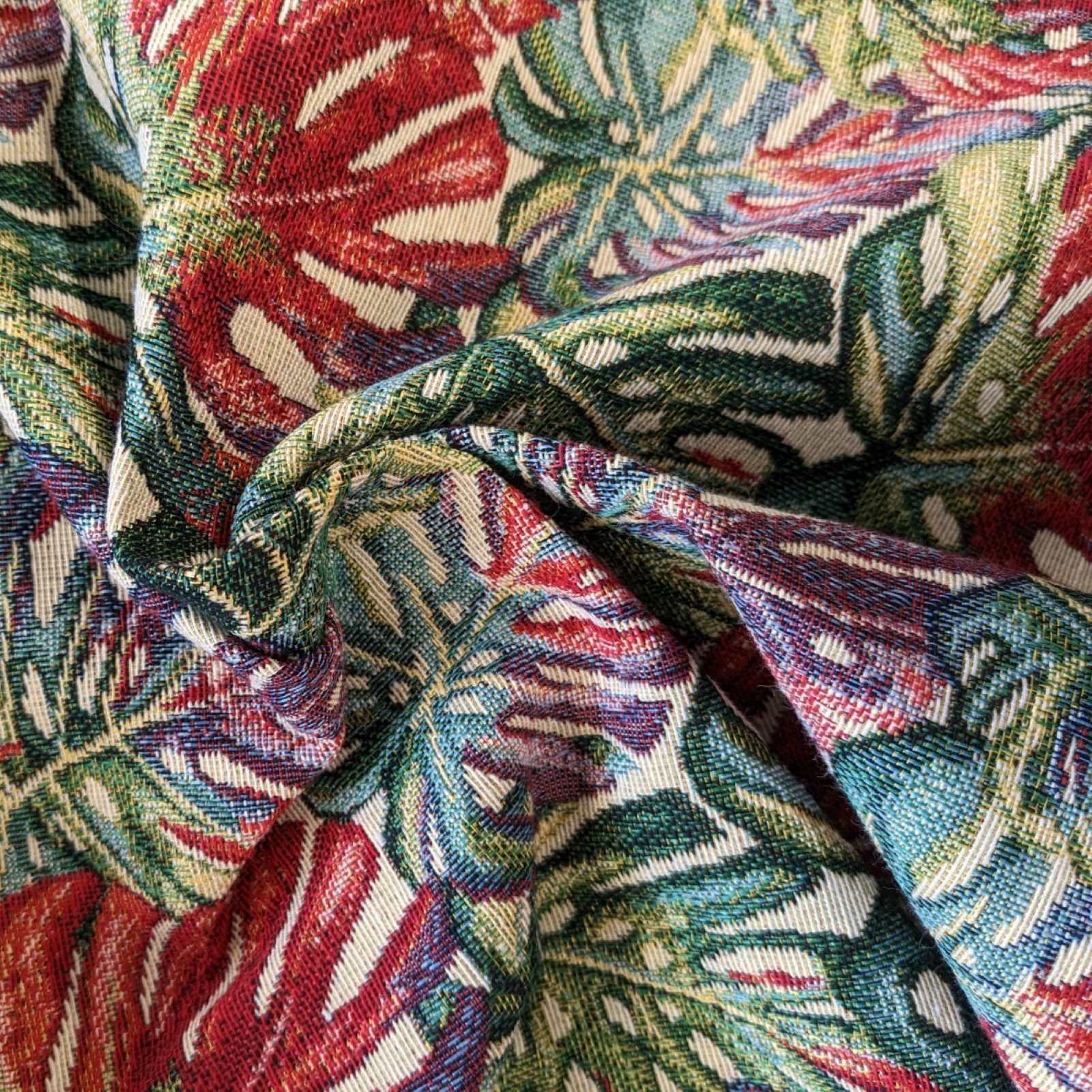 Tapestry fabric with Montsera swiss cheese leaf design for curtains or upholstery