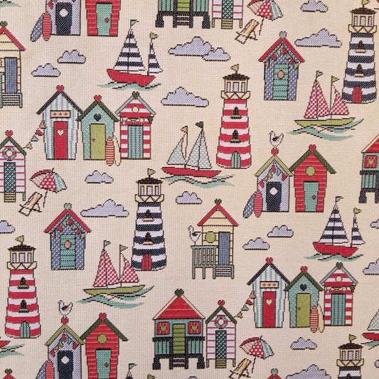 Nautical Tapestry Fabric with boats and lighthouses