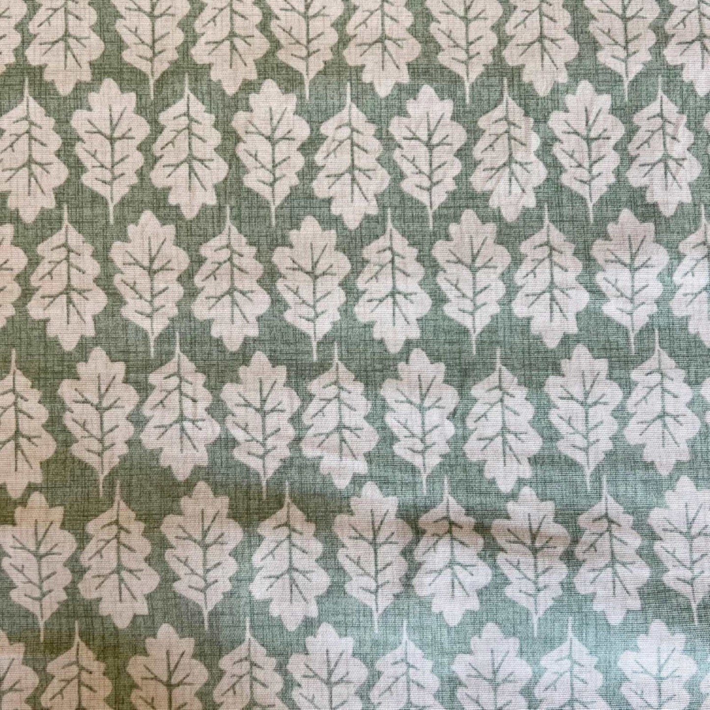 Sustainable Cotton Oak Leaf print fabric colour Lichen