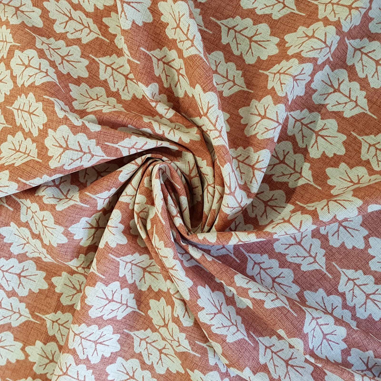 Terracotta curtain fabric with a leaf print