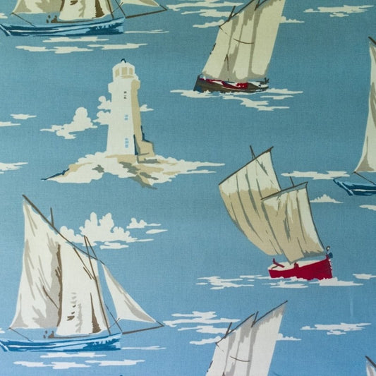 Powder Blue fabric with white and red yachts pattern