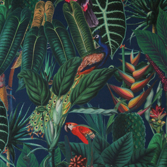 Printed Velvet with a rainforest jungle pattern on a navy background