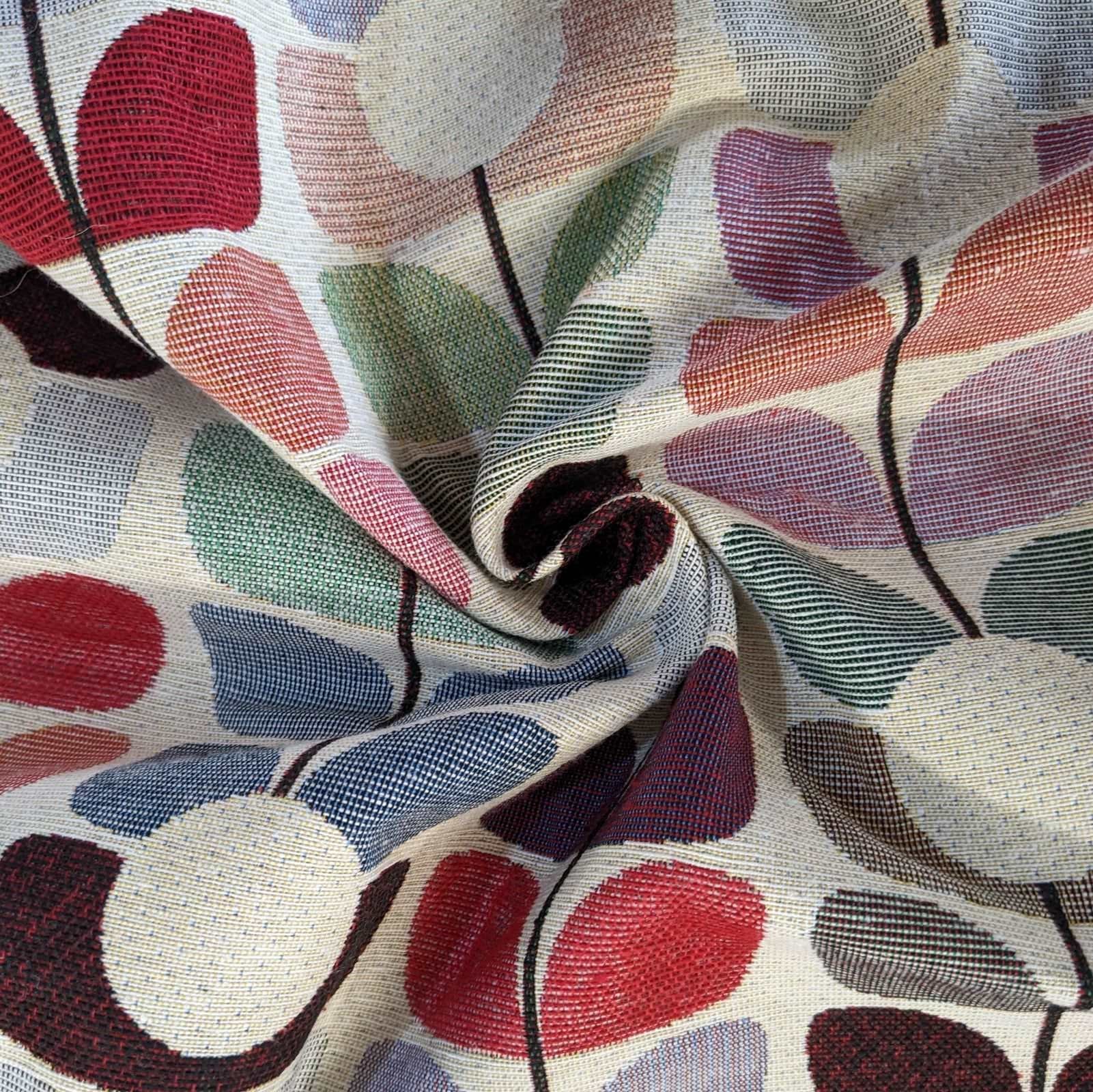 Tapestry fabric with multicolour leaf sprig design on cream for curtains or upholstery