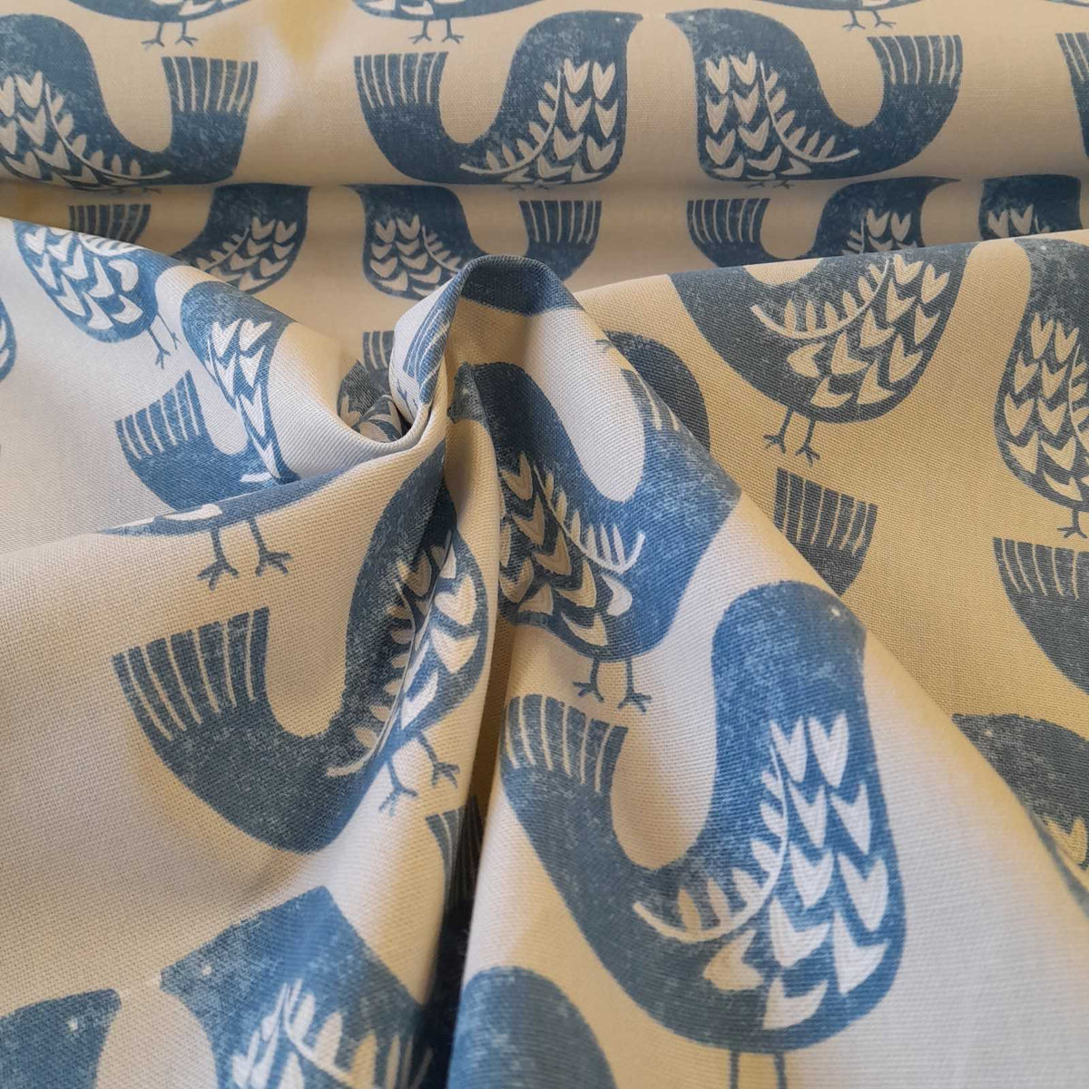 Scandi bird design fabric turquoise for curtains