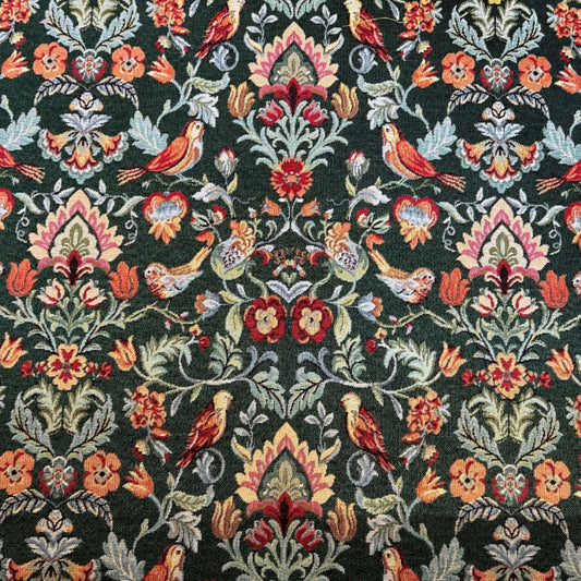 Traditional William Morris style tapestry fabric in dark green