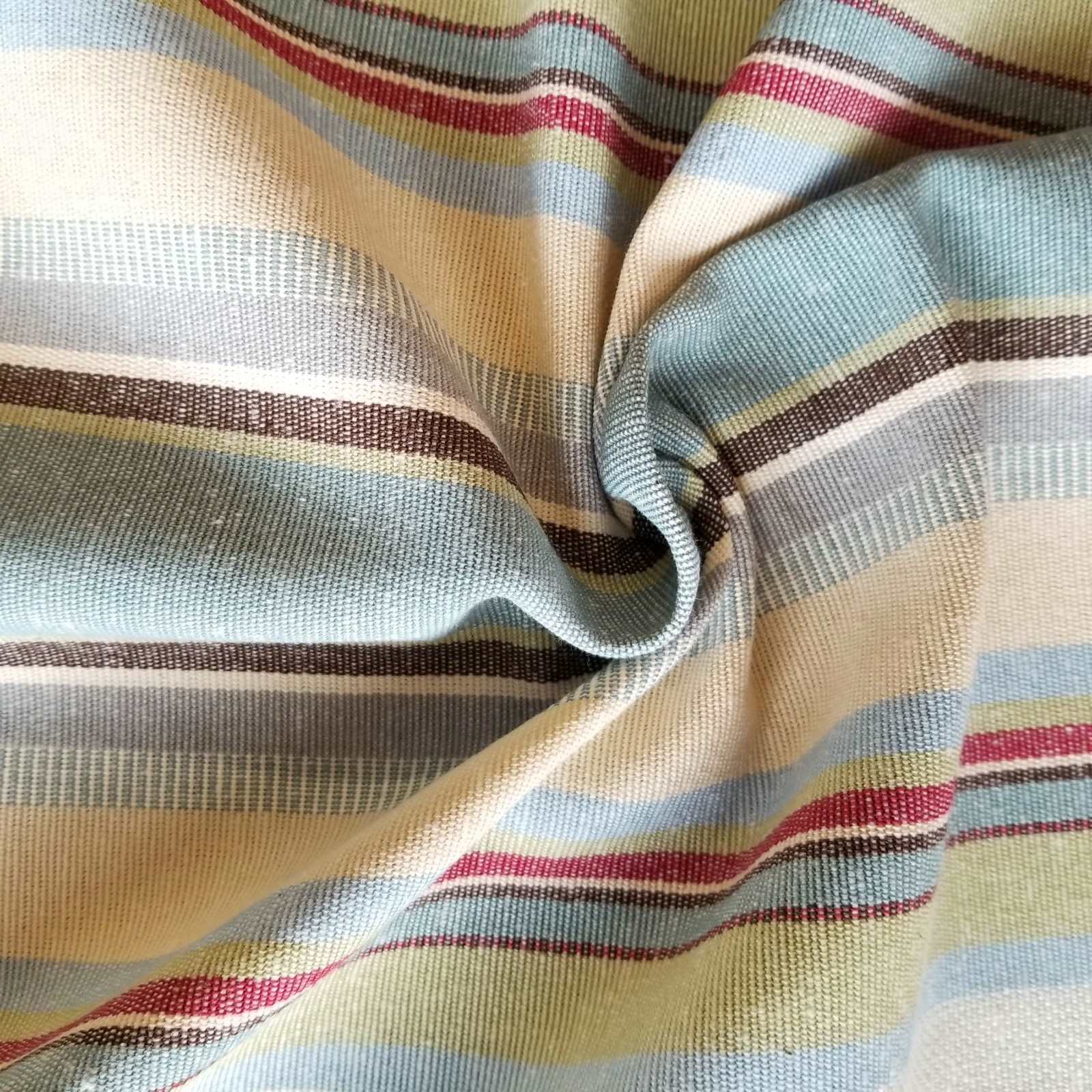 Heavy cotton fabric with blue, green and cream stripe design for curtains or upholstery